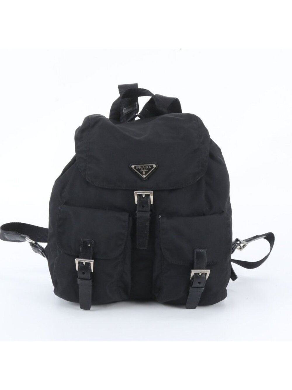 Prada Tessuto Nylon Triangle Logo Leather Backpack Black